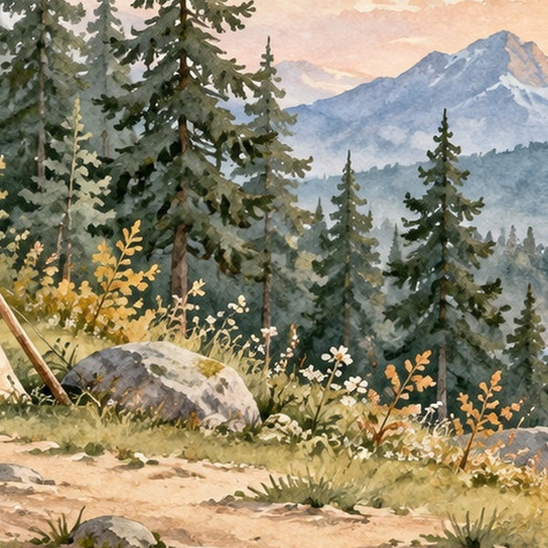 Bear Tent Sunrise Camping shower curtain, close up of the watercolor artwork