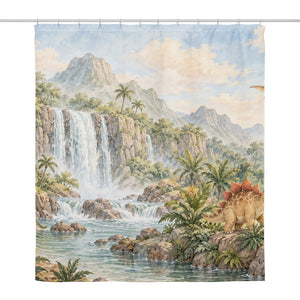 Tropical Dinosaur Garden shower curtain, full front view of the 71 x 74 in fabric curtain