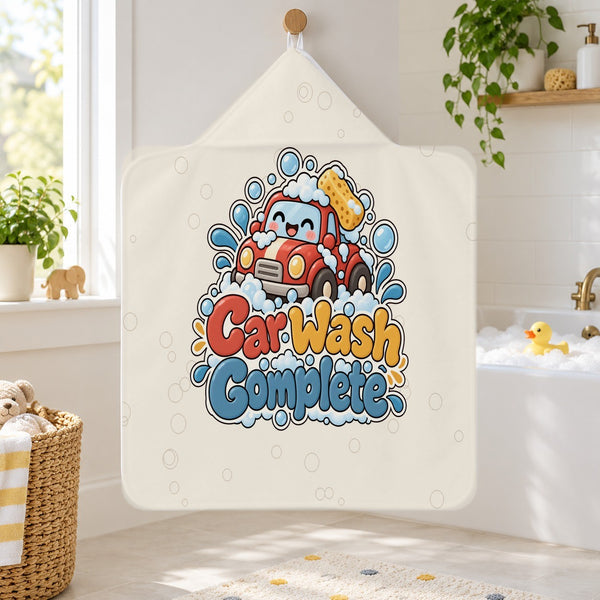 Car Wash Complete kids hooded bath towel hanging in a kids bathroom