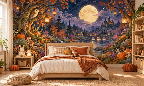 Watercolor Woodland Night Halloween Wall Mural, image 2