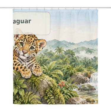 J is for Jaguar Alphabet shower curtain, full front view of the 71 x 74 in fabric curtain
