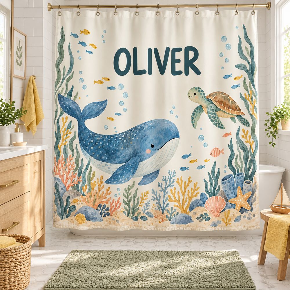 Personalized kids shower curtain with the name Oliver and a watercolor whale and sea turtle
