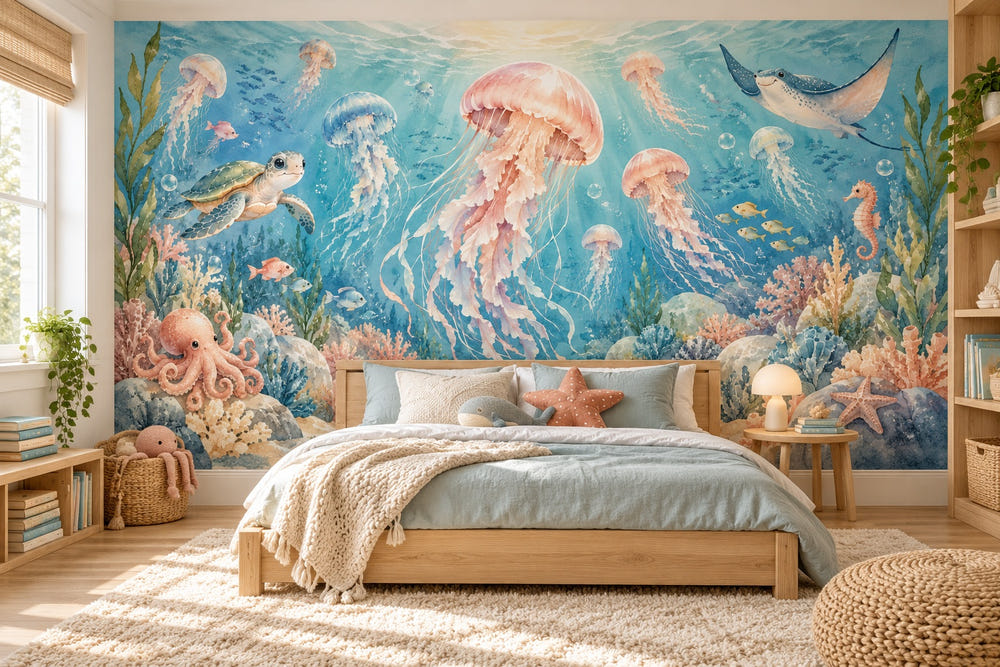 Watercolor Jellyfish Garden Ocean Wall Mural, image 1