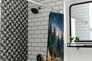 Starry Tent Camping shower curtain in a modern farmhouse bathroom with subway tile