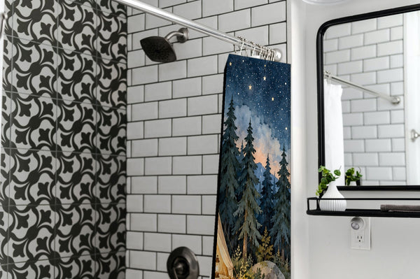 Starry Tent Camping shower curtain in a modern farmhouse bathroom with subway tile