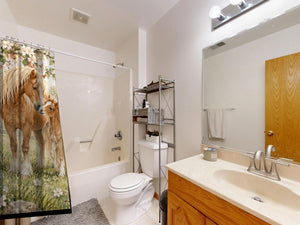 Pony Orchard Farm shower curtain on a tub shower combo in an American family bathroom