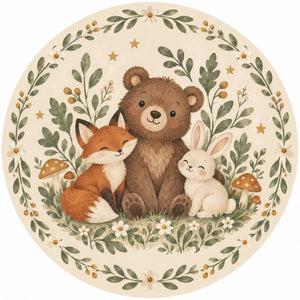 Woodland Friends round rug design with bear, fox and bunny and a sage leaf border