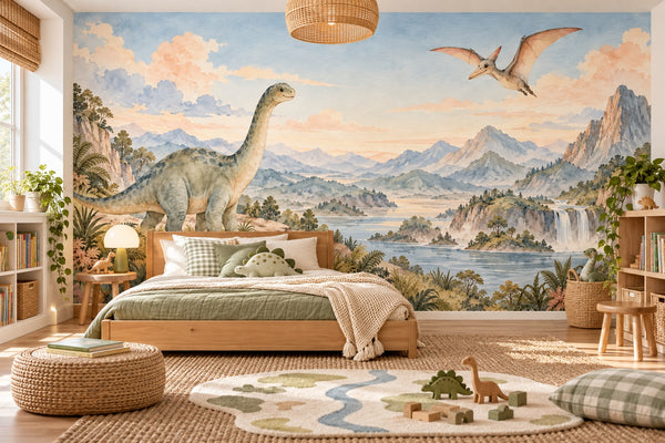 Watercolor Mountain Dinosaur Wall Mural, image 2