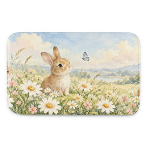 Daisy Meadow Bunny kids bath mat, full view of the printed design
