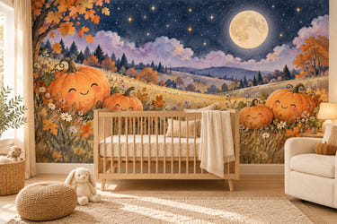 Watercolor Pumpkin Moon Halloween Wall Mural, image 1