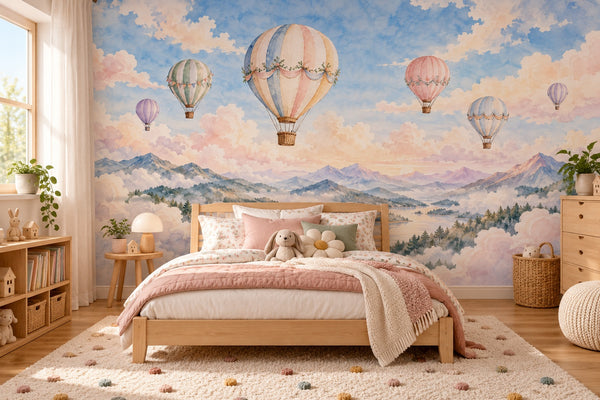 Watercolor Mountain Hot Air Balloons Wall Mural, image 2