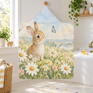 Daisy Meadow Bunny kids hooded bath towel hanging in a kids bathroom