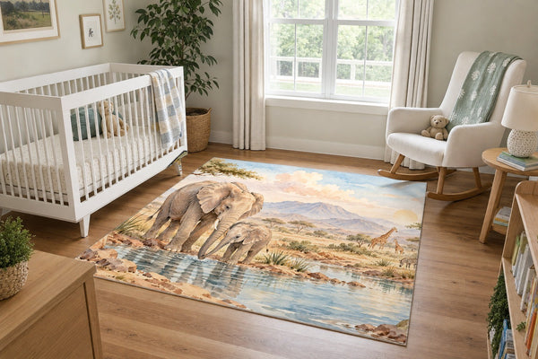 Elephant Family Safari area rug in a calm nursery with a white crib