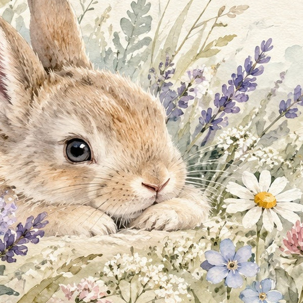 Lavender Bunny shower curtain, close up of the watercolor artwork