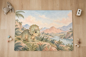 Top view of the Baby Triceratops Dinosaur kids area rug on a wood floor