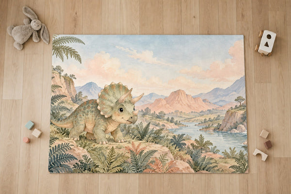 Top view of the Baby Triceratops Dinosaur kids area rug on a wood floor