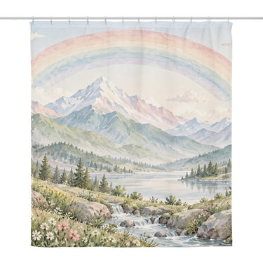 Mountain Stream Rainbow shower curtain, full front view of the 71 x 74 in fabric curtain