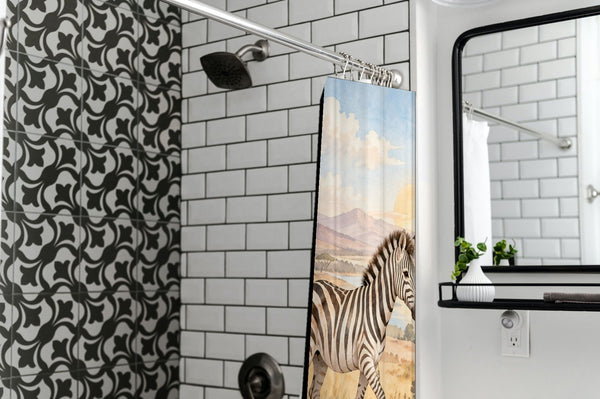 Zebra Family Safari shower curtain in a modern farmhouse bathroom with subway tile