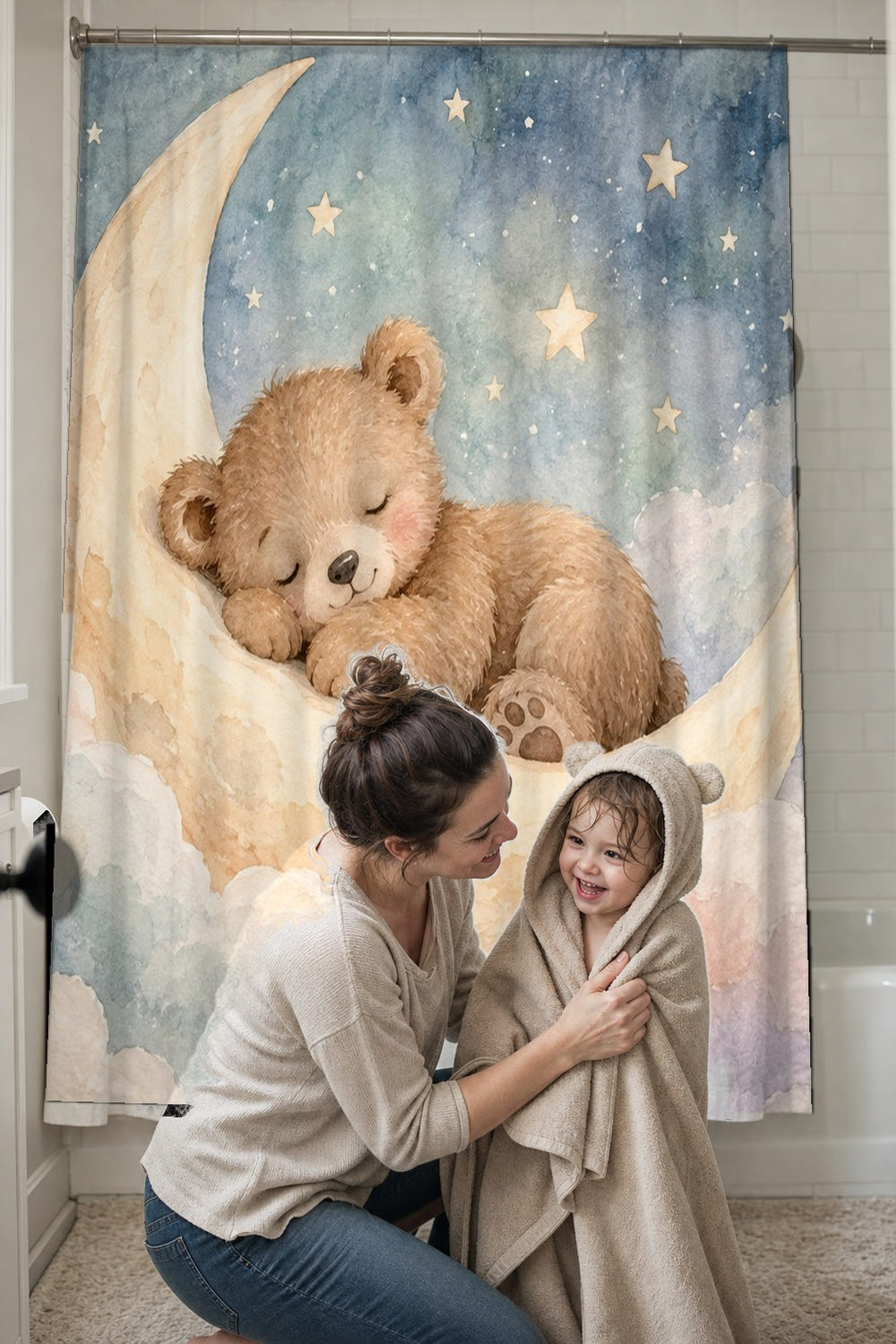 Moon Bear shower curtain, full front view of the 71 x 74 in fabric curtain