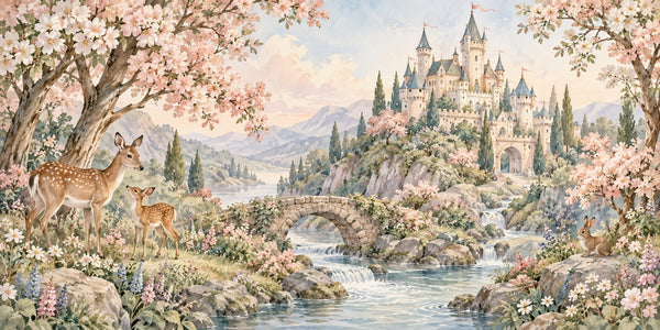 Watercolor Woodland Castle Fairy Tale Wall Mural, image 3