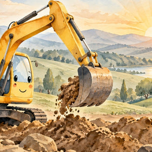 Sunrise Excavator kids rug, close up of the watercolor artwork