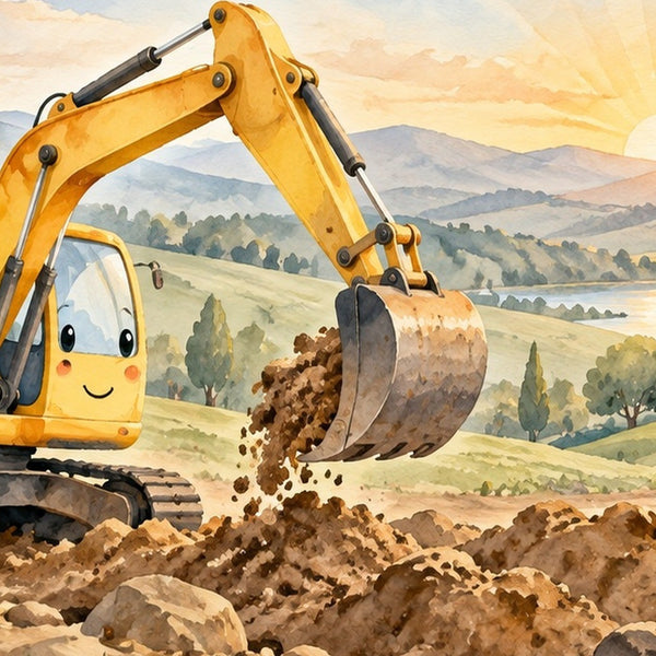 Sunrise Excavator kids rug, close up of the watercolor artwork