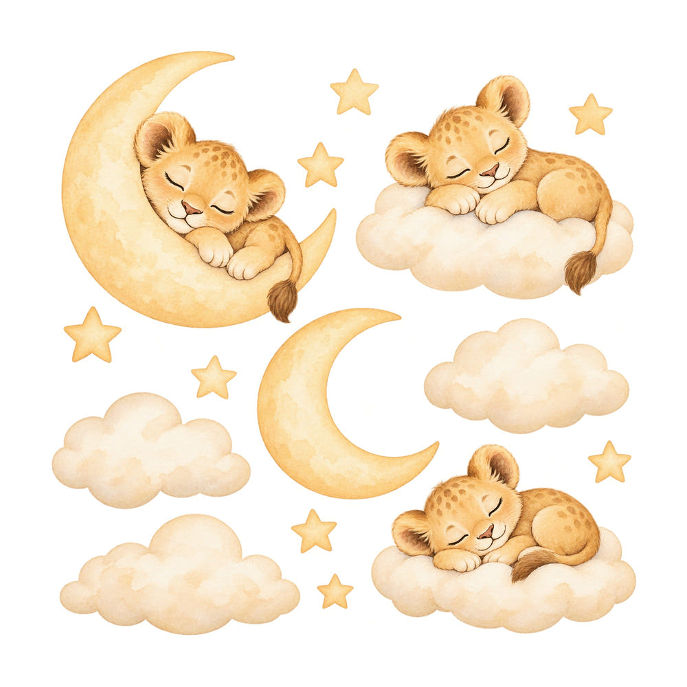 Sleeping Lion Cub Moon and Clouds Wall Decals, Set of 15, image 1