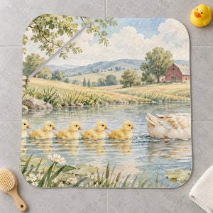 Ducklings Pond Farm kids hooded bath towel laid flat