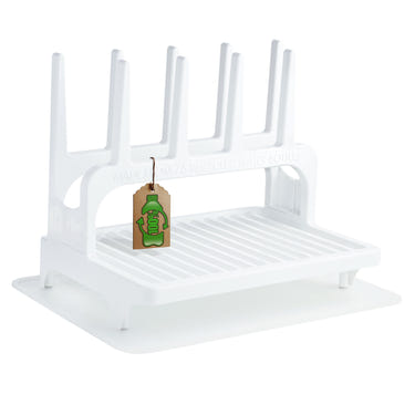 PopYum Glacier White Drying Rack for baby bottles, made from recycled materials, includes silicone mat, compact countertop design.