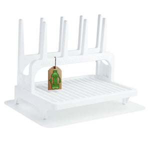 PopYum Glacier White Drying Rack for baby bottles, made from recycled materials, includes silicone mat, compact countertop design.