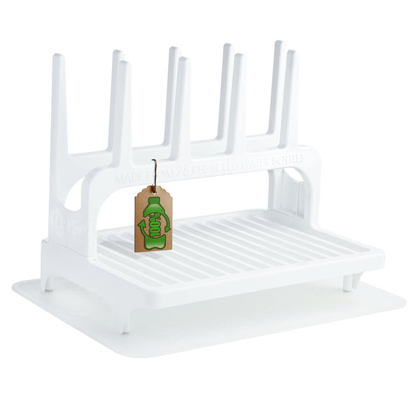 PopYum Glacier White Drying Rack for baby bottles, made from recycled materials, includes silicone mat, compact countertop design.