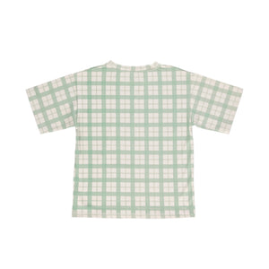 Oversized T-Shirt in organic cotton jersey, fern plaid design, angle view showcasing soft fabric and playful style for babies.