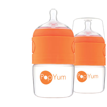 PopYum 5oz Anti-Colic Baby Bottle 2-Pack in Orange with #1 Slow Flow Nipples for breast and formula feeding.