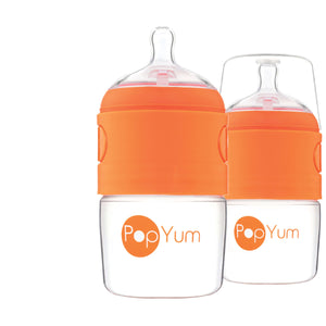 PopYum 5oz Anti-Colic Baby Bottle 2-Pack in Orange with #1 Slow Flow Nipples for breast and formula feeding.