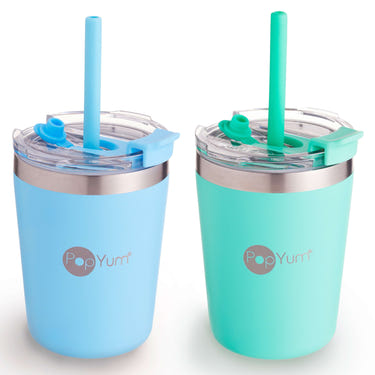 PopYum 9oz insulated stainless steel kids’ cups, blue & green, stackable sippy tumblers for toddlers, 2-pack.