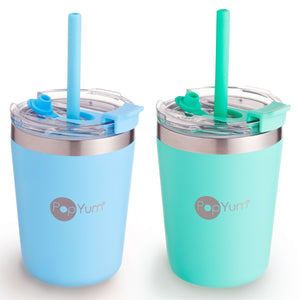 PopYum 9oz insulated stainless steel kids’ cups, blue & green, stackable sippy tumblers for toddlers, 2-pack.
