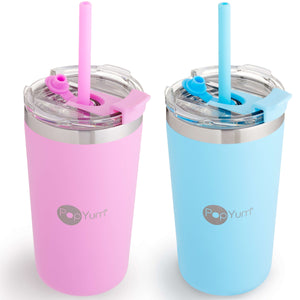 PopYum 13oz insulated stainless steel kids' cups, 2-pack in blue & pink, stackable with lid and straw, perfect for toddlers.