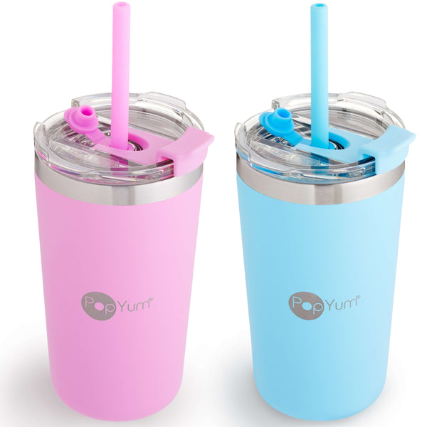 PopYum 13oz insulated stainless steel kids' cups, 2-pack in blue & pink, stackable with lid and straw, perfect for toddlers.