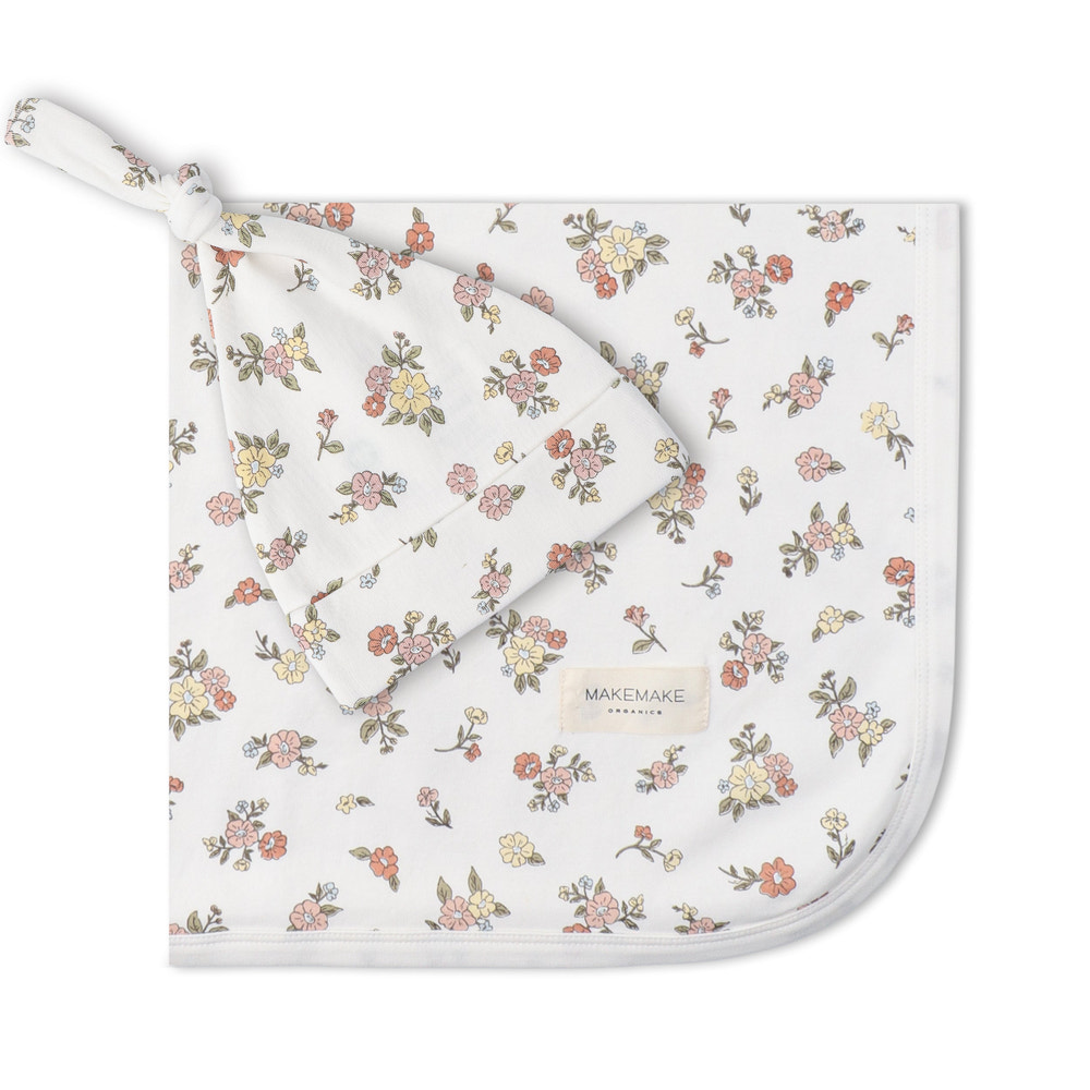 Organic Swaddle Blanket & Hat Set  - Meadow