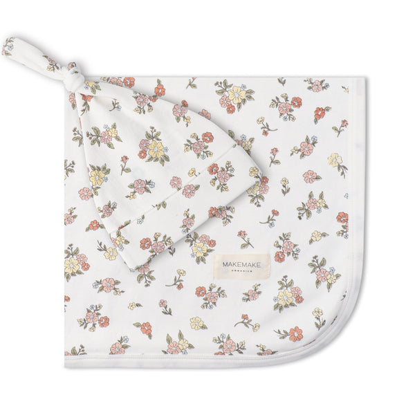 Organic Swaddle Blanket & Hat Set  - Meadow