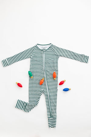 Green Stripes Zippy zip pajamas for babies, featuring a cozy design and playful stripes, angle view.