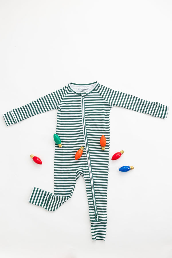 Green Stripes Zippy zip pajamas for babies, featuring a cozy design and playful stripes, angle view.
