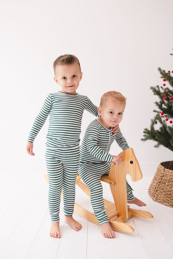 Green Stripes Zippy zip pajamas for babies, featuring a cozy design and playful stripes, angle view 5.