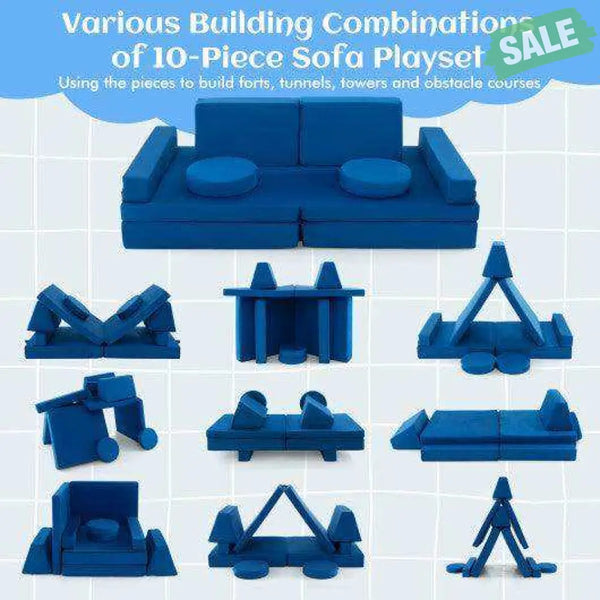 10-Piece Kids Play Couch Sofa with Portable Handle-Blue Blue Kids Chairs & Seating