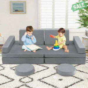 10-Piece Kids Play Couch Sofa with Portable Handle-Gray