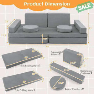 10-Piece Kids Play Couch Sofa with Portable Handle-Gray