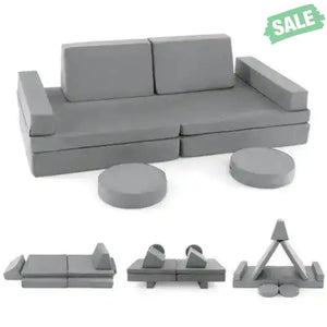 10-Piece Kids Play Couch Sofa with Portable Handle-Gray