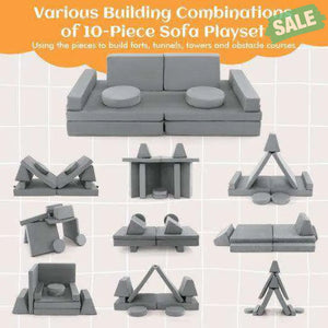 10-Piece Kids Play Couch Sofa with Portable Handle-Gray