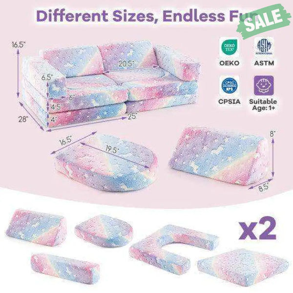10 Pieces Modular Kids Play Couch Sectional Sofa Glow in the Dark-Multicolor Multicolor Kids Chairs & Seating