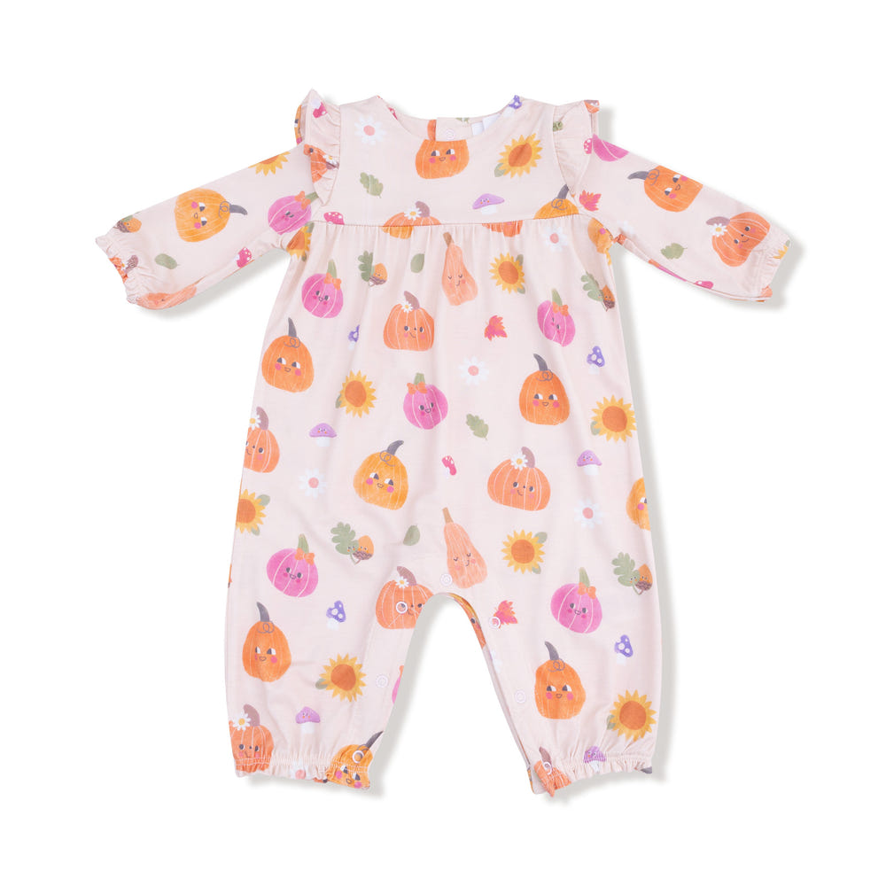 Pink ruffle sleeve romper with autumn pumpkin print for babies, perfect for fall fashion.